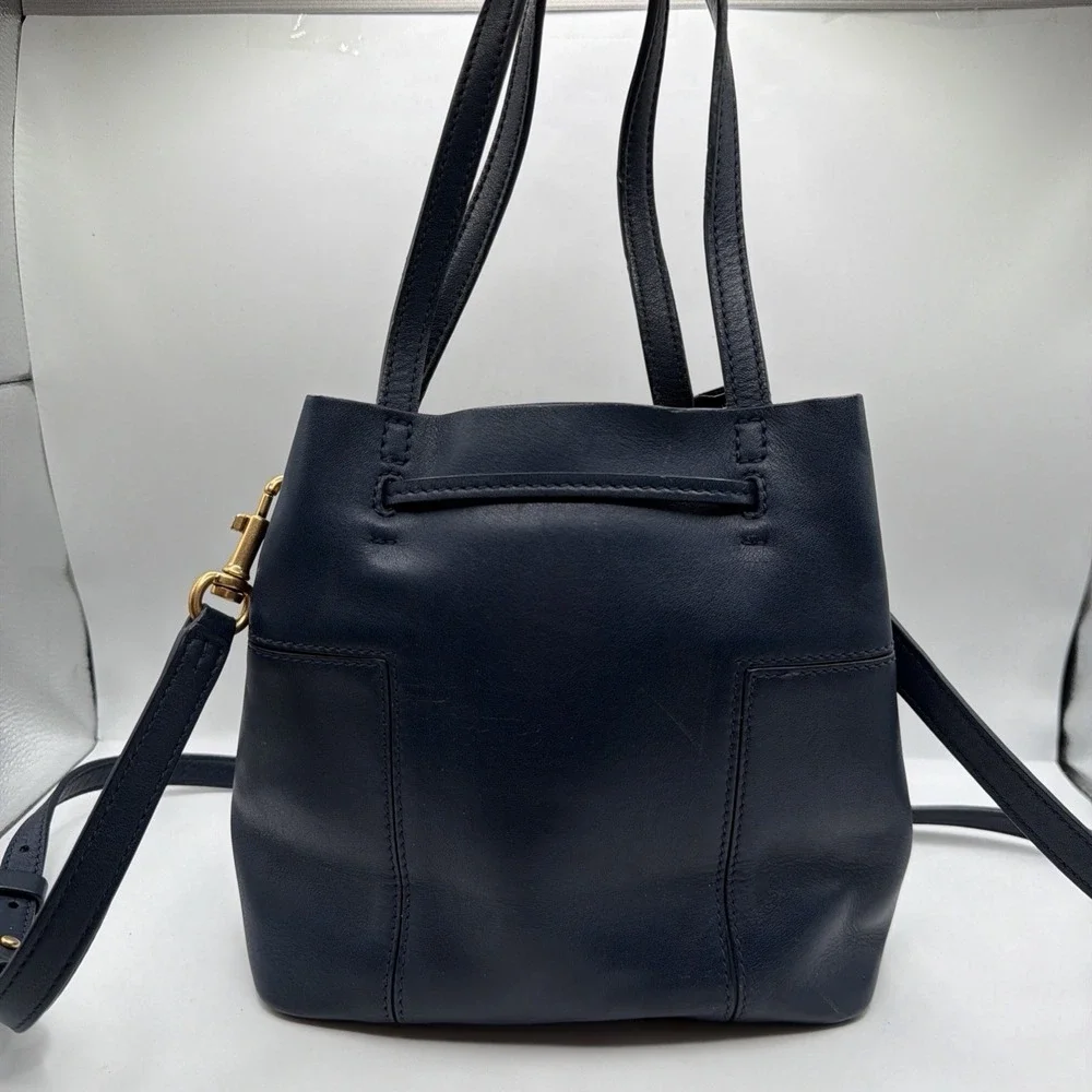 Tory Burch Block T Small Navy Blue Leather Bucket Bag Drawstring Closure